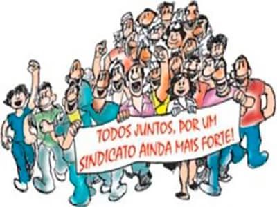 Ilustração com trabalhadores unidos representando Sindicato Forte