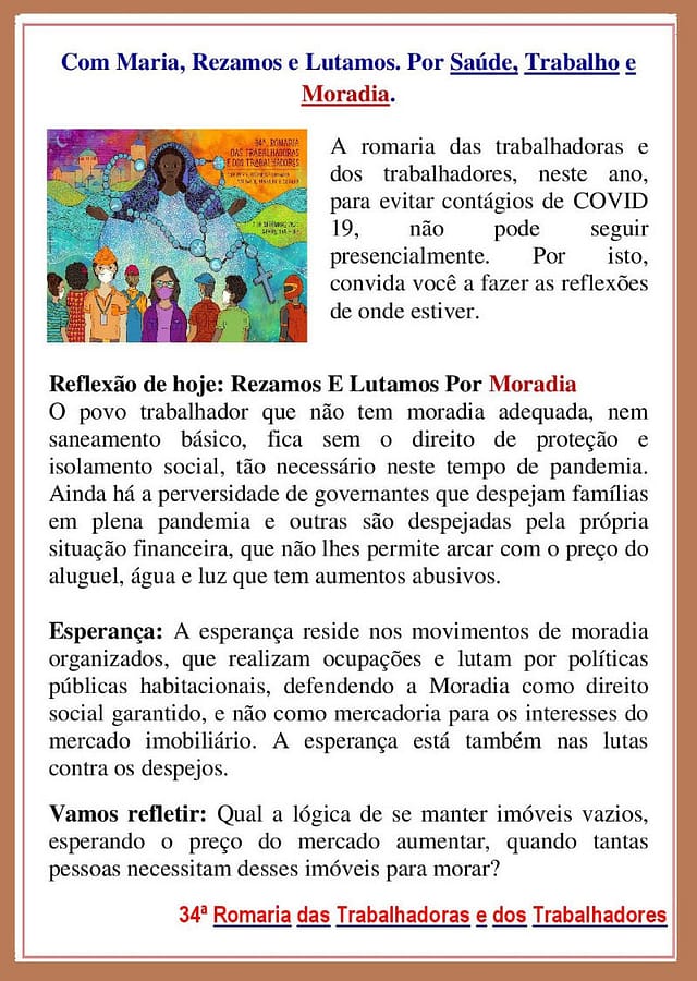 COM MARIA, REZAMOS E LUTAMOS. POR SAÚDE, TRABALHO E MORADIA