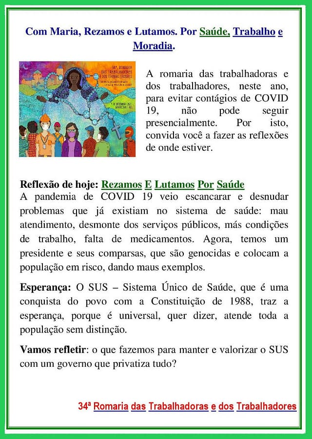 COM MARIA, REZAMOS E LUTAMOS. POR SAÚDE, TRABALHO E MORADIA
